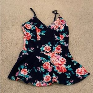 Navy blue floral peplum spaghetti strap blouse